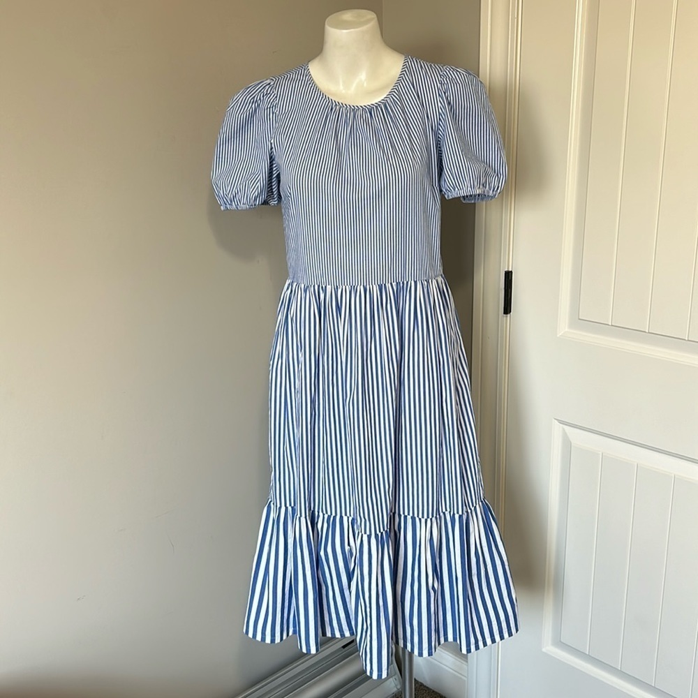 J Crew poplin puff-sleeve tiered midi dress Cotton blend blue white Sz 2 NEW